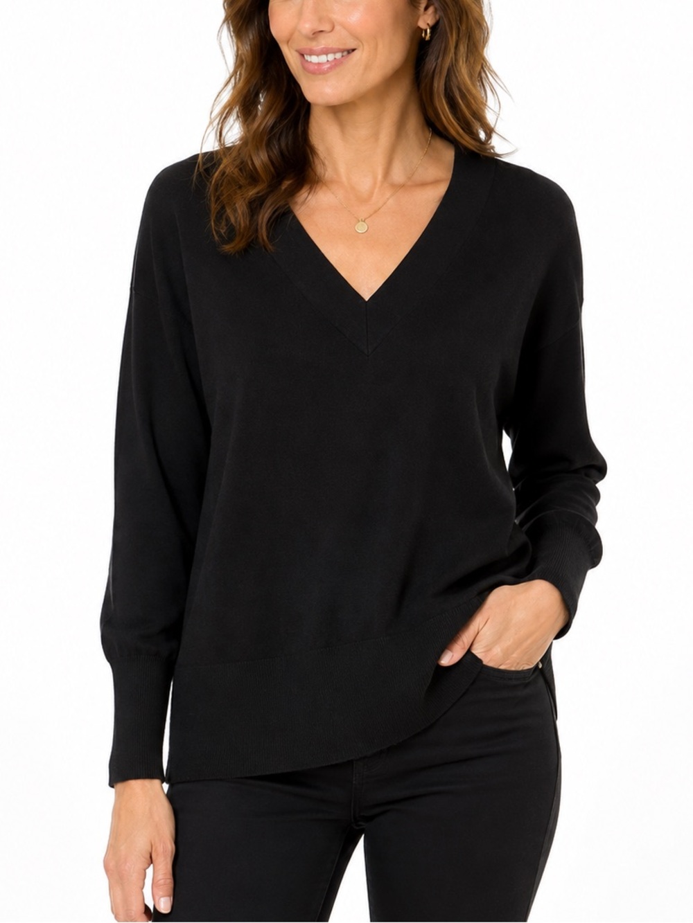 White House Black Market Black V-Neck Knit Sweater Size Small